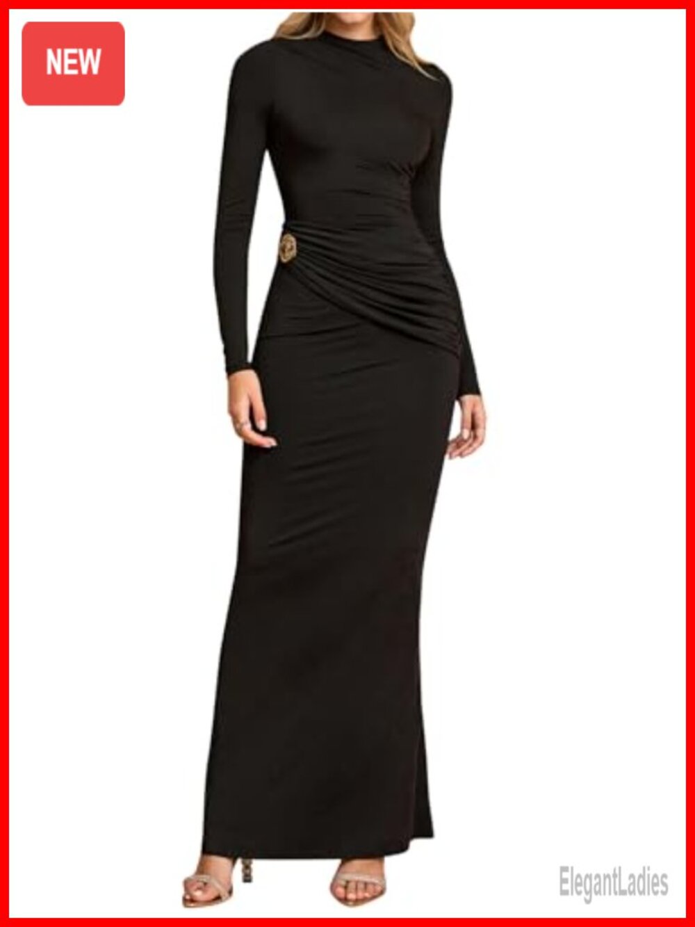 Long Sleeve Ruched Bodycon Maxi Dress Mock Neck Formal Wedding Guest